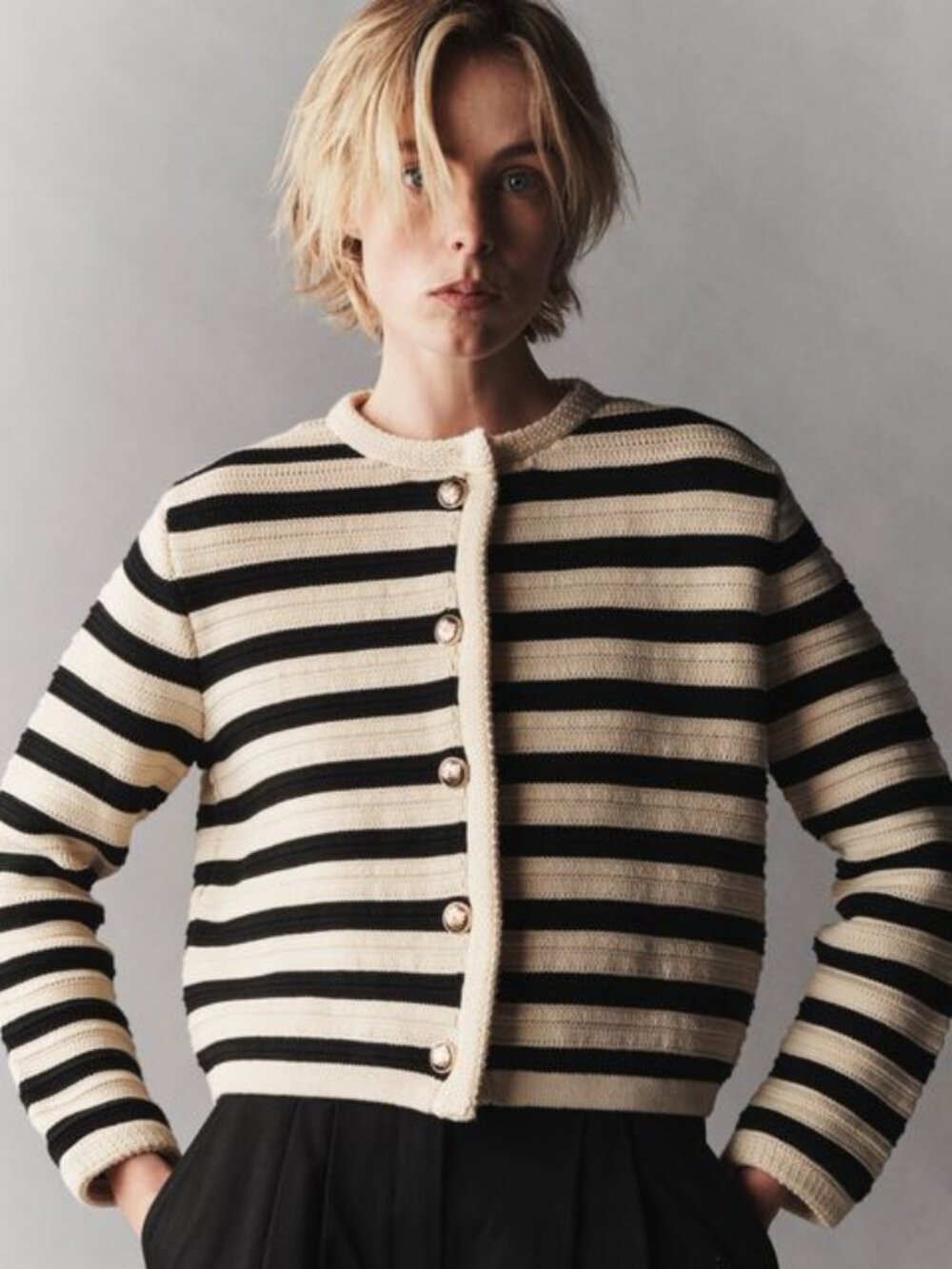 Massimo Dutti Striped Cardigan With Gold Button Details